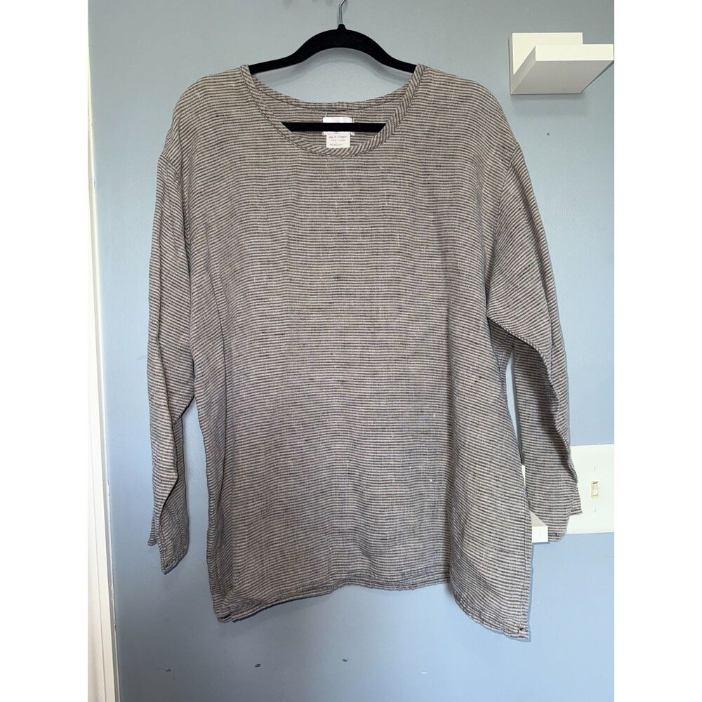 Flax 100% Linen Grey & Black Striped Shirt | Size Medium | Lagenlook Coastal